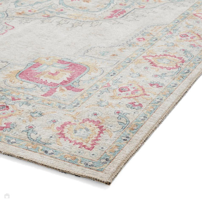 Washable Zahra S0063 Traditional Vintage Distressed Medallion Border Soft Digitally Printed Lightweight Textured Polyester Flatweave Warm Cream/Pastel Pink/Rose/Powder Blue/Peach/Golden Beige Rug-Think Rugs-Rug Love - The Most Loved Rug Store