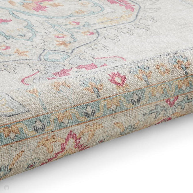 Washable Zahra S0063 Traditional Vintage Distressed Medallion Border Soft Digitally Printed Lightweight Textured Polyester Flatweave Warm Cream/Pastel Pink/Rose/Powder Blue/Peach/Golden Beige Rug-Think Rugs-Rug Love - The Most Loved Rug Store
