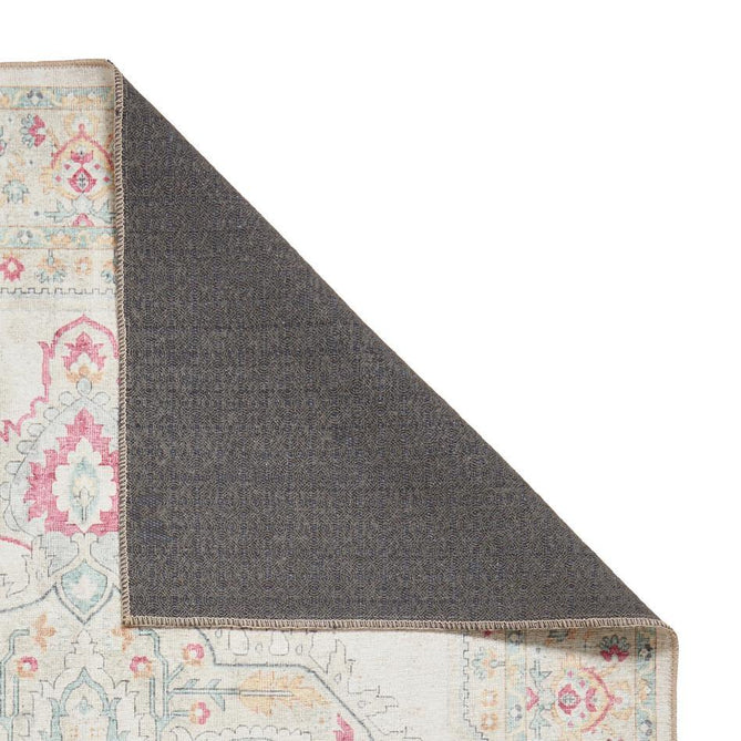Washable Zahra S0063 Traditional Vintage Distressed Medallion Border Soft Digitally Printed Lightweight Textured Polyester Flatweave Warm Cream/Pastel Pink/Rose/Powder Blue/Peach/Golden Beige Rug-Think Rugs-Rug Love - The Most Loved Rug Store