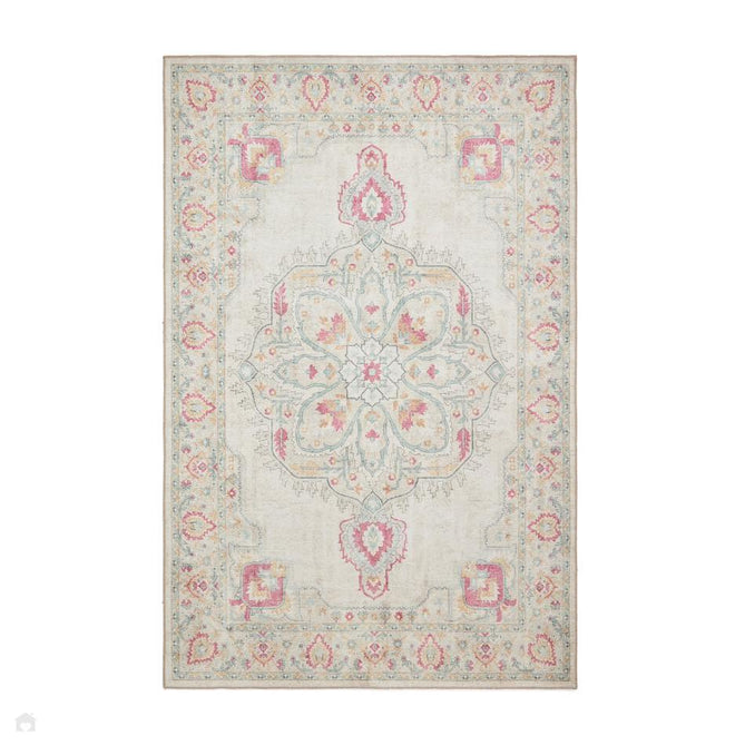 Washable Zahra S0063 Traditional Vintage Distressed Medallion Border Soft Digitally Printed Lightweight Textured Polyester Flatweave Warm Cream/Pastel Pink/Rose/Powder Blue/Peach/Golden Beige Rug-Think Rugs-Rug Love - The Most Loved Rug Store