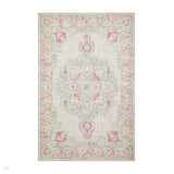 Washable Zahra S0063 Traditional Vintage Distressed Medallion Border Soft Digitally Printed Lightweight Textured Polyester Flatweave Warm Cream/Pastel Pink/Rose/Powder Blue/Peach/Golden Beige Rug