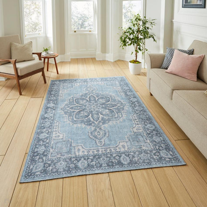 Washable Zahra S0063 Traditional Vintage Distressed Medallion Border Soft Textured Digitally Printed Lightweight Textured Polyester Flatweave Light Sky Blue/Slate Blue/Ivory Rug-Think Rugs-Rug Love - The Most Loved Rug Store