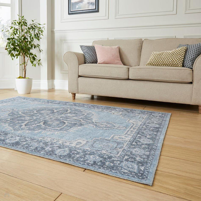 Washable Zahra S0063 Traditional Vintage Distressed Medallion Border Soft Textured Digitally Printed Lightweight Textured Polyester Flatweave Light Sky Blue/Slate Blue/Ivory Rug-Think Rugs-Rug Love - The Most Loved Rug Store