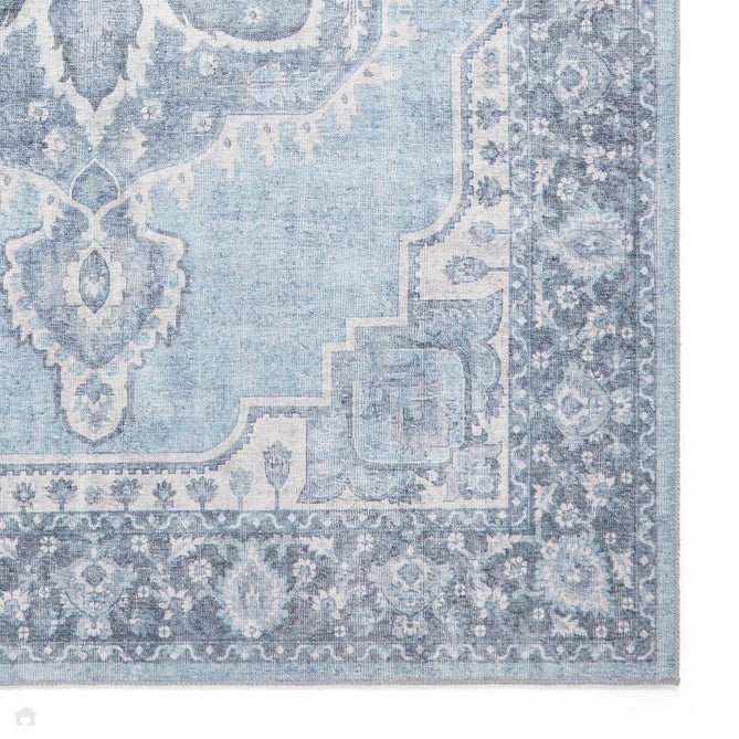 Washable Zahra S0063 Traditional Vintage Distressed Medallion Border Soft Textured Digitally Printed Lightweight Textured Polyester Flatweave Light Sky Blue/Slate Blue/Ivory Rug-Think Rugs-Rug Love - The Most Loved Rug Store