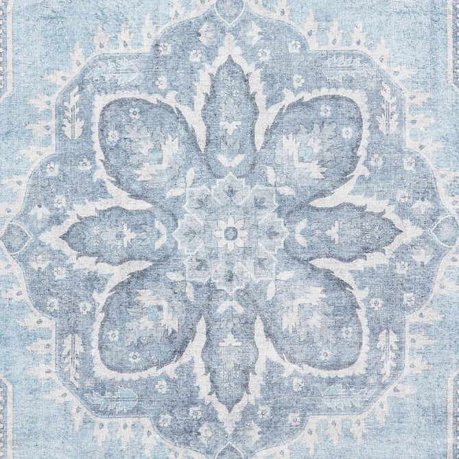 Washable Zahra S0063 Traditional Vintage Distressed Medallion Border Soft Textured Digitally Printed Lightweight Textured Polyester Flatweave Light Sky Blue/Slate Blue/Ivory Rug-Think Rugs-Rug Love - The Most Loved Rug Store