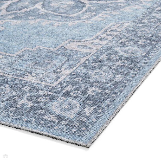 Washable Zahra S0063 Traditional Vintage Distressed Medallion Border Soft Textured Digitally Printed Lightweight Textured Polyester Flatweave Light Sky Blue/Slate Blue/Ivory Rug-Think Rugs-Rug Love - The Most Loved Rug Store
