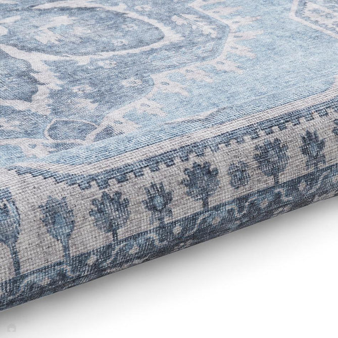 Washable Zahra S0063 Traditional Vintage Distressed Medallion Border Soft Textured Digitally Printed Lightweight Textured Polyester Flatweave Light Sky Blue/Slate Blue/Ivory Rug-Think Rugs-Rug Love - The Most Loved Rug Store