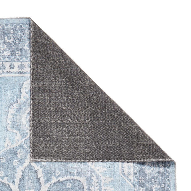 Washable Zahra S0063 Traditional Vintage Distressed Medallion Border Soft Textured Digitally Printed Lightweight Textured Polyester Flatweave Light Sky Blue/Slate Blue/Ivory Rug-Think Rugs-Rug Love - The Most Loved Rug Store