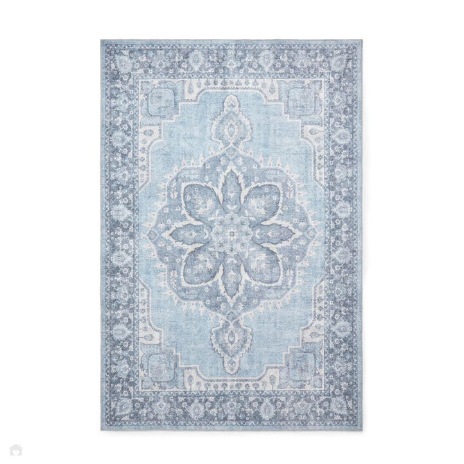 Washable Zahra S0063 Traditional Vintage Distressed Medallion Border Soft Textured Digitally Printed Lightweight Textured Polyester Flatweave Light Sky Blue/Slate Blue/Ivory Rug-Think Rugs-Rug Love - The Most Loved Rug Store