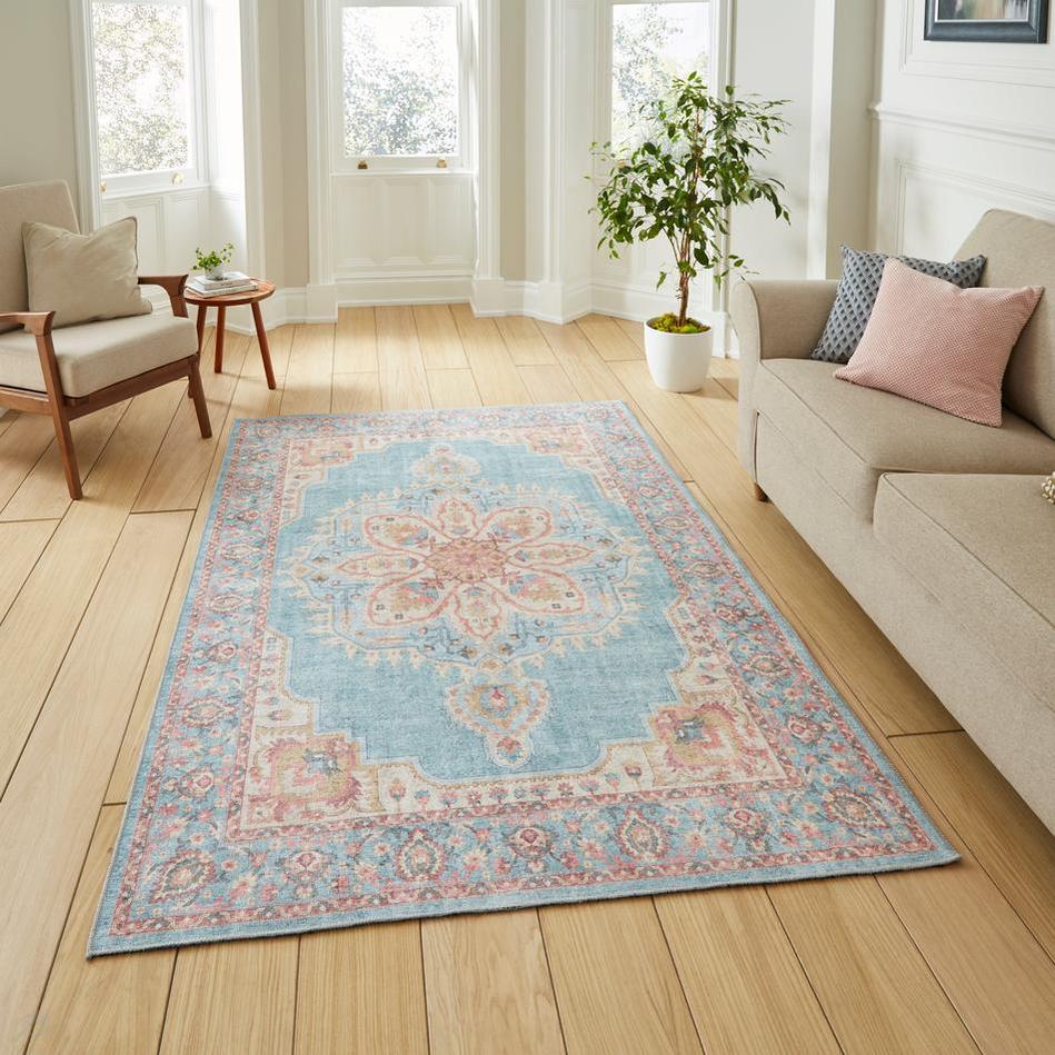 Traditional Rug Distressed Washable Zahra S0063 Traditional Vintage Distressed Medallion Border D