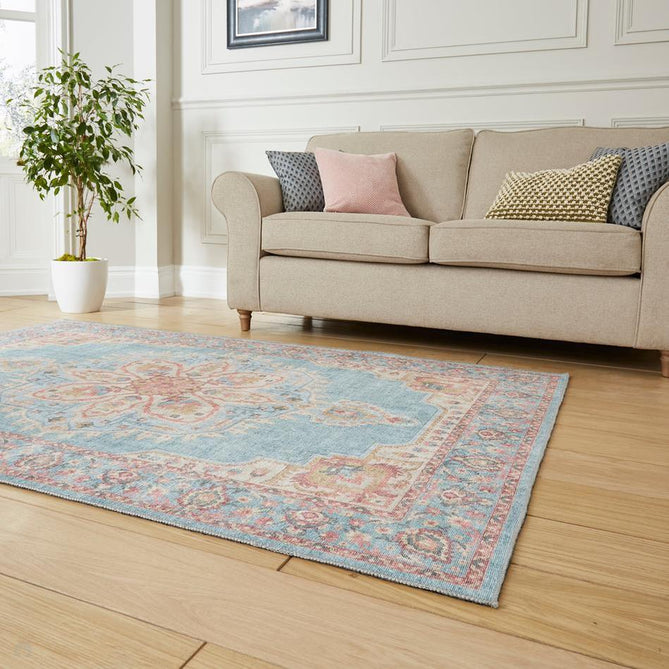 Washable Zahra S0063 Traditional Vintage Distressed Medallion Border Soft Textured Digitally Printed Lightweight Textured Polyester Flatweave Soft Sky Blue/Blush Pink/Peach Coral/Ivory/Golden Beige Rug-Think Rugs-Rug Love - The Most Loved Rug Store