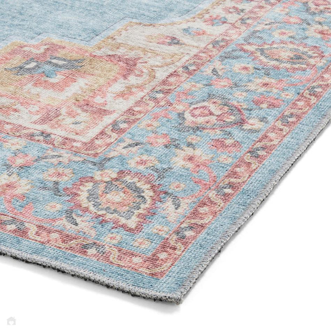 Washable Zahra S0063 Traditional Vintage Distressed Medallion Border Soft Textured Digitally Printed Lightweight Textured Polyester Flatweave Soft Sky Blue/Blush Pink/Peach Coral/Ivory/Golden Beige Rug-Think Rugs-Rug Love - The Most Loved Rug Store