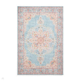 Washable Zahra S0063 Traditional Vintage Distressed Medallion Border Soft Textured Digitally Printed Lightweight Textured Polyester Flatweave Soft Sky Blue/Blush Pink/Peach Coral/Ivory/Golden Beige Rug