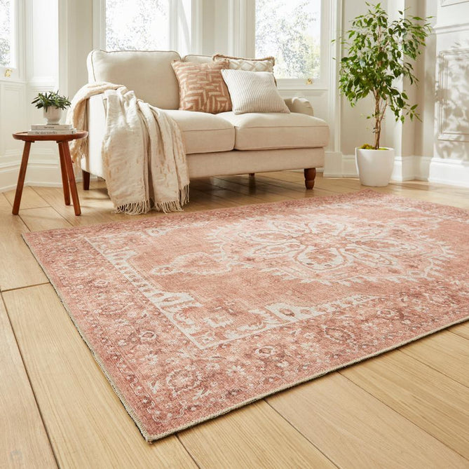 Washable Zahra S0063 Traditional Vintage Distressed Medallion Border Soft Textured Digitally Printed Lightweight Textured Polyester Flatweave Terracotta/Rose/Ivory/Clay/Taupe Rug-Think Rugs-Rug Love - The Most Loved Rug Store