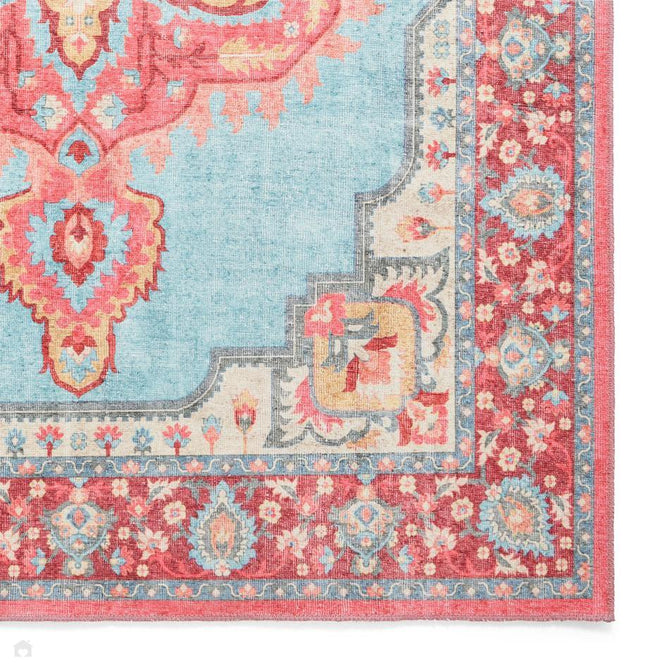 Washable Zahra S0063 Traditional Vintage Distressed Medallion Border Soft Textured Digitally Printed Lightweight Textured Polyester Flatweave Turquoise Blue/Deep Red/Coral Pink/Ochre/Cream Rug-Think Rugs-Rug Love - The Most Loved Rug Store