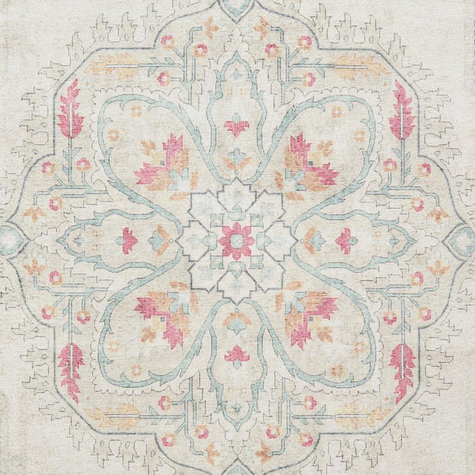 Washable Zahra S0063 Traditional Vintage Distressed Medallion Border Soft Textured Digitally Printed Lightweight Textured Polyester Flatweave Warm Cream/Pastel Pink/Rose/Powder Blue/Peach/Golden Beige Rug-Think Rugs-Rug Love - The Most Loved Rug Store