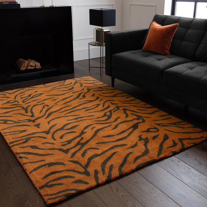 Wilder Tiger Modern Animal-Inspired Textured Soft-Touch Knitted Polyester Shimmer Durable Easy-Care Low Profile Short Pile Spice Orange/Charcoal Black Rug