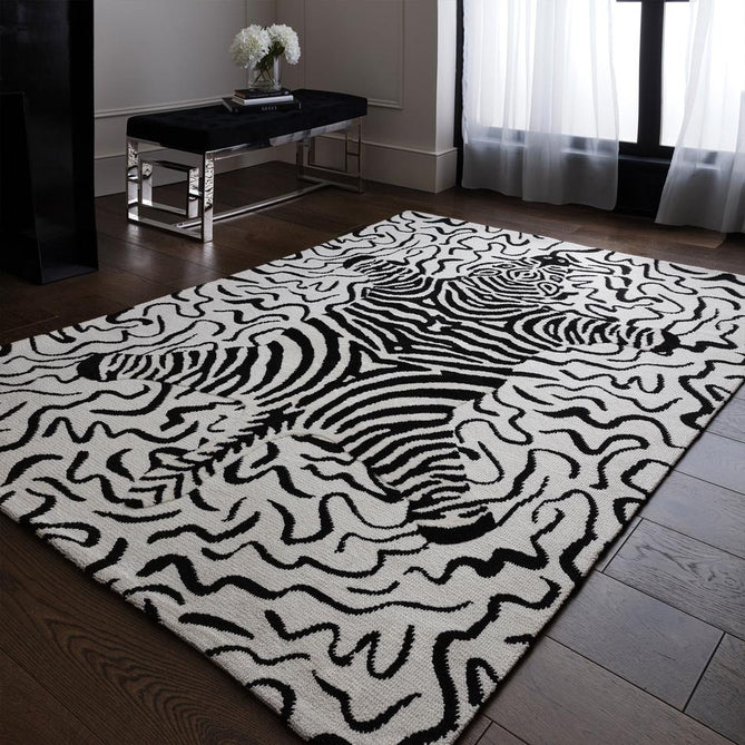 Wilder Zebra Modern Animal-Inspired Textured Soft-Touch Knitted Polyester Shimmer Durable Easy-Care Low Profile Short Pile Mono/White/Black Rug
