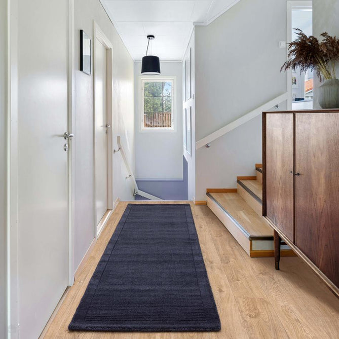York Modern Plain Textured Subtle Ribbed Stripe Contrast Smooth Border Hand-Woven Wool Navy Blue Rug-Asiatic Carpets-Rug Love - The Most Loved Rug Store