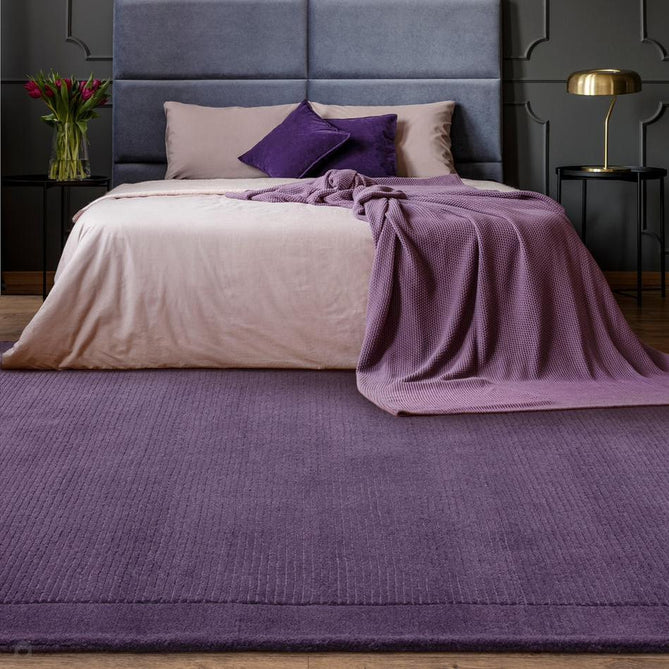 York Modern Plain Textured Subtle Ribbed Stripe Contrast Smooth Border Hand-Woven Wool Purple Runner-Asiatic Carpets-Rug Love - The Most Loved Rug Store