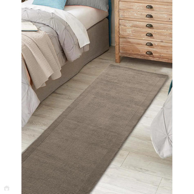 York Modern Plain Textured Subtle Ribbed Stripe Contrast Smooth Border Hand-Woven Wool Taupe Runner-Asiatic Carpets-Rug Love - The Most Loved Rug Store