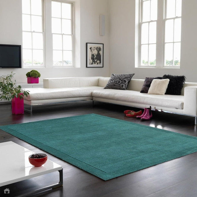 York Modern Plain Textured Subtle Ribbed Stripe Contrast Smooth Border Hand-Woven Wool Teal Rug-Asiatic Carpets-Rug Love - The Most Loved Rug Store