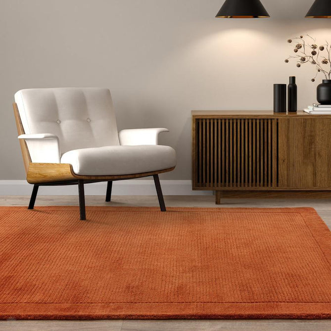 York Modern Plain Textured Subtle Ribbed Stripe Contrast Smooth Border Hand-Woven Wool Terracotta Rug-Asiatic Carpets-Rug Love - The Most Loved Rug Store