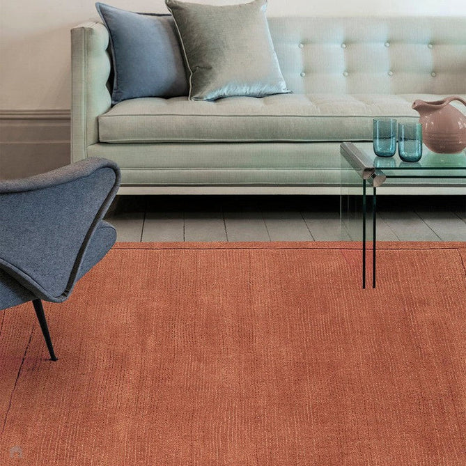 York Modern Plain Textured Subtle Ribbed Stripe Contrast Smooth Border Hand-Woven Wool Terracotta Rug-Asiatic Carpets-Rug Love - The Most Loved Rug Store