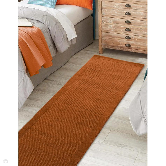 York Modern Plain Textured Subtle Ribbed Stripe Contrast Smooth Border Hand-Woven Wool Terracotta Runner-Asiatic Carpets-Rug Love - The Most Loved Rug Store