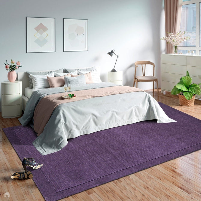York Modern Plain Textured Subtle Ribbed Stripe Contrasting Smooth Border Handwoven Wool Loop Pile Amethyst Purple Rug-Asiatic Carpets-Rug Love - The Most Loved Rug Store