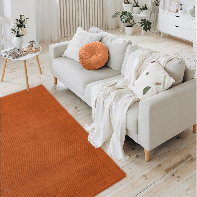 York Modern Plain Textured Subtle Ribbed Stripe Contrasting Smooth Border Handwoven Wool Loop Pile Burnt Terracotta Rug-Asiatic Carpets-Rug Love - The Most Loved Rug Store