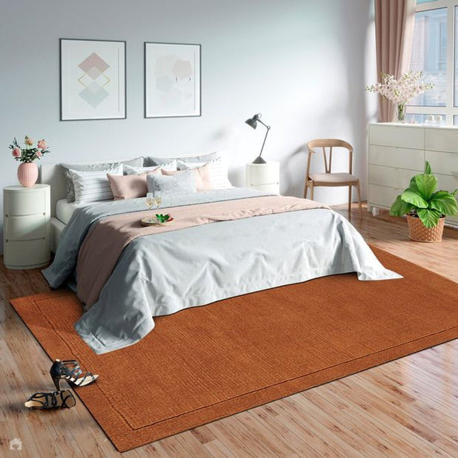 York Modern Plain Textured Subtle Ribbed Stripe Contrasting Smooth Border Handwoven Wool Loop Pile Burnt Terracotta Rug-Asiatic Carpets-Rug Love - The Most Loved Rug Store