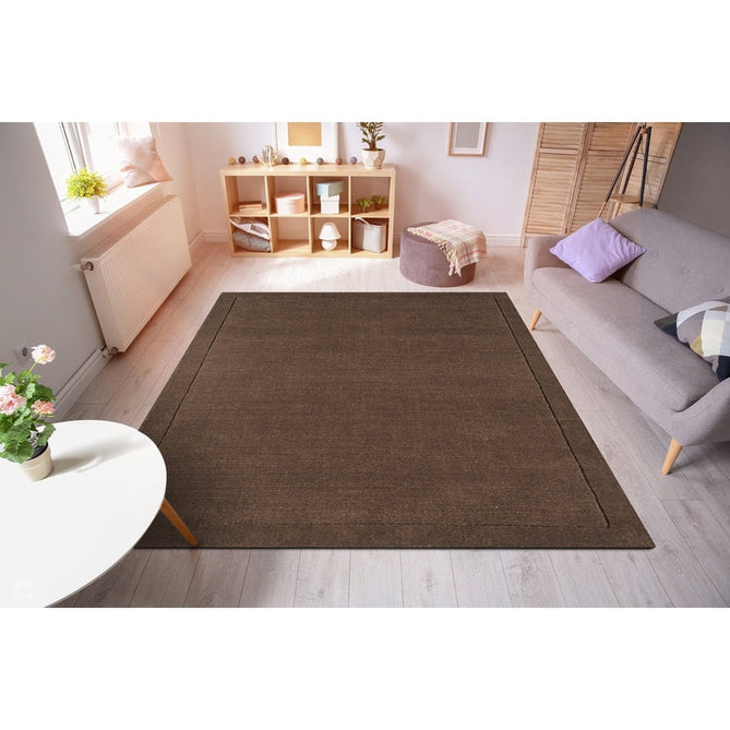 York Modern Plain Textured Subtle Ribbed Stripe Contrasting Smooth Border Handwoven Wool Loop Pile Deep Chocolate Brown Rug-Asiatic Carpets-Rug Love - The Most Loved Rug Store