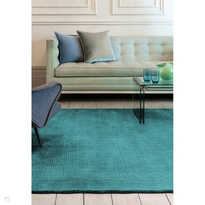 York Modern Plain Textured Subtle Ribbed Stripe Contrasting Smooth Border Handwoven Wool Loop Pile Deep Teal Rug-Asiatic Carpets-Rug Love - The Most Loved Rug Store