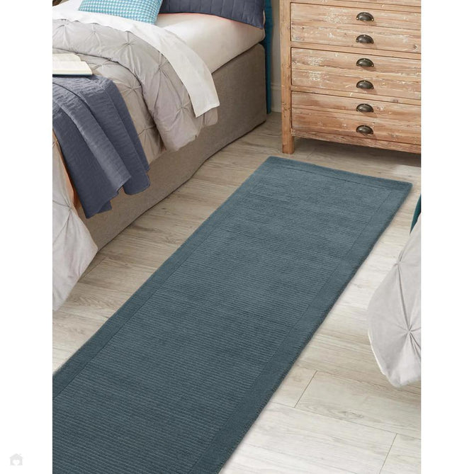 York Modern Plain Textured Subtle Ribbed Stripe Contrasting Smooth Border Handwoven Wool Loop Pile Deep Teal Rug-Asiatic Carpets-Rug Love - The Most Loved Rug Store