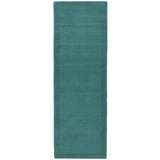 York Modern Plain Textured Subtle Ribbed Stripe Contrasting Smooth Border Handwoven Wool Loop Pile Deep Teal Runner