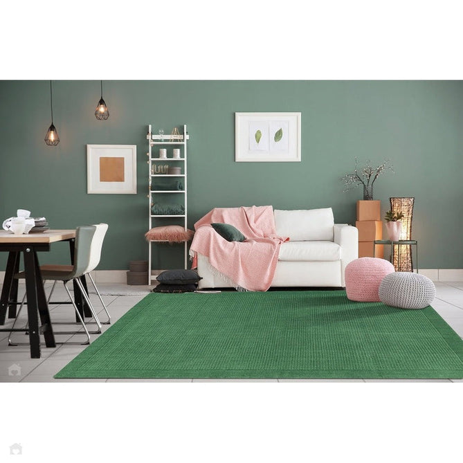 York Modern Plain Textured Subtle Ribbed Stripe Contrasting Smooth Border Handwoven Wool Loop Pile Forest Green Rug-Asiatic Carpets-Rug Love - The Most Loved Rug Store