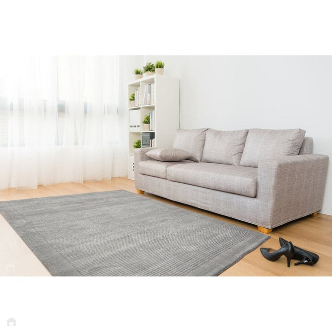 York Modern Plain Textured Subtle Ribbed Stripe Contrasting Smooth Border Handwoven Wool Loop Pile Mid Grey Rug-Asiatic Carpets-Rug Love - The Most Loved Rug Store