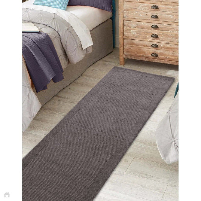 York Modern Plain Textured Subtle Ribbed Stripe Contrasting Smooth Border Handwoven Wool Loop Pile Mid Grey Rug-Asiatic Carpets-Rug Love - The Most Loved Rug Store