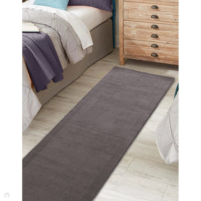 York Modern Plain Textured Subtle Ribbed Stripe Contrasting Smooth Border Handwoven Wool Loop Pile Mid Grey Rug-Asiatic Carpets-Rug Love - The Most Loved Rug Store