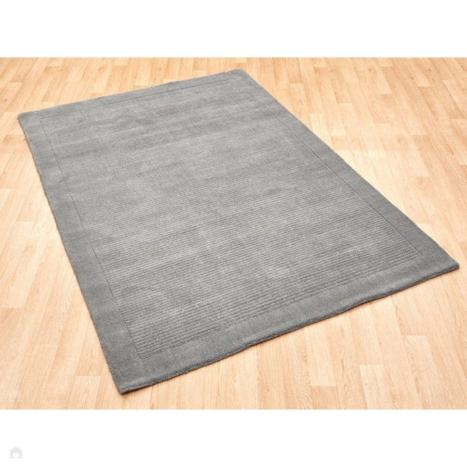 York Modern Plain Textured Subtle Ribbed Stripe Contrasting Smooth Border Handwoven Wool Loop Pile Mid Grey Rug-Asiatic Carpets-Rug Love - The Most Loved Rug Store