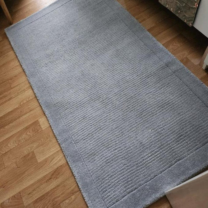 York Modern Plain Textured Subtle Ribbed Stripe Contrasting Smooth Border Handwoven Wool Loop Pile Mid Grey Rug-Asiatic Carpets-Rug Love - The Most Loved Rug Store