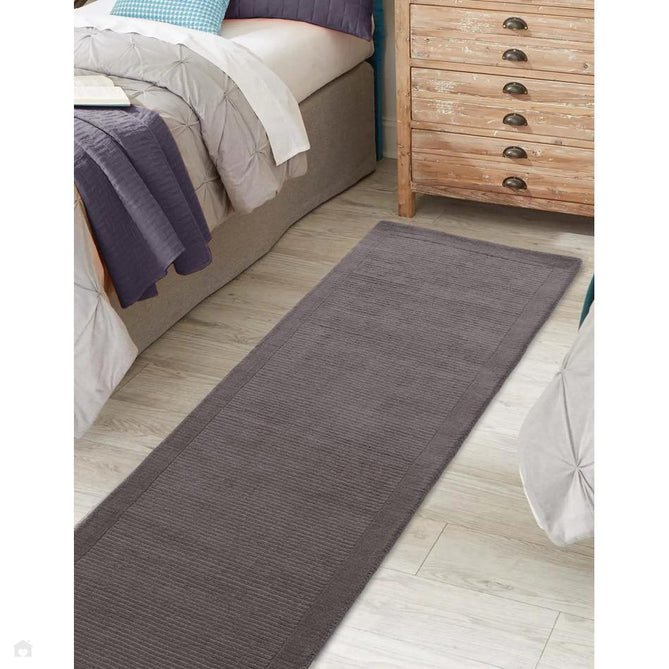 York Modern Plain Textured Subtle Ribbed Stripe Contrasting Smooth Border Handwoven Wool Loop Pile Mid Grey Runner-Asiatic Carpets-Rug Love - The Most Loved Rug Store