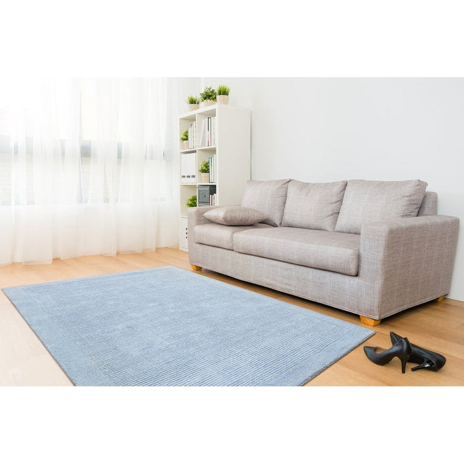 York Modern Plain Textured Subtle Ribbed Stripe Contrasting Smooth Border Handwoven Wool Loop Pile Pale Duck Egg Blue Rug-Asiatic Carpets-Rug Love - The Most Loved Rug Store