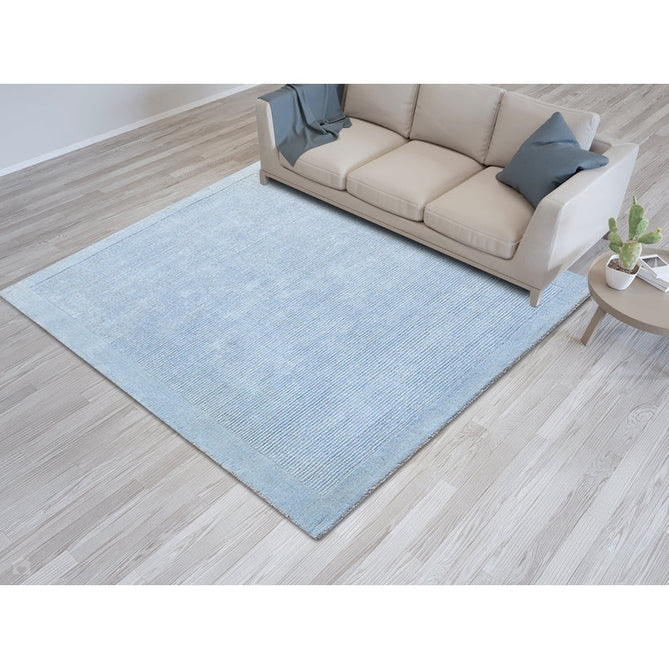 York Modern Plain Textured Subtle Ribbed Stripe Contrasting Smooth Border Handwoven Wool Loop Pile Pale Duck Egg Blue Rug-Asiatic Carpets-Rug Love - The Most Loved Rug Store