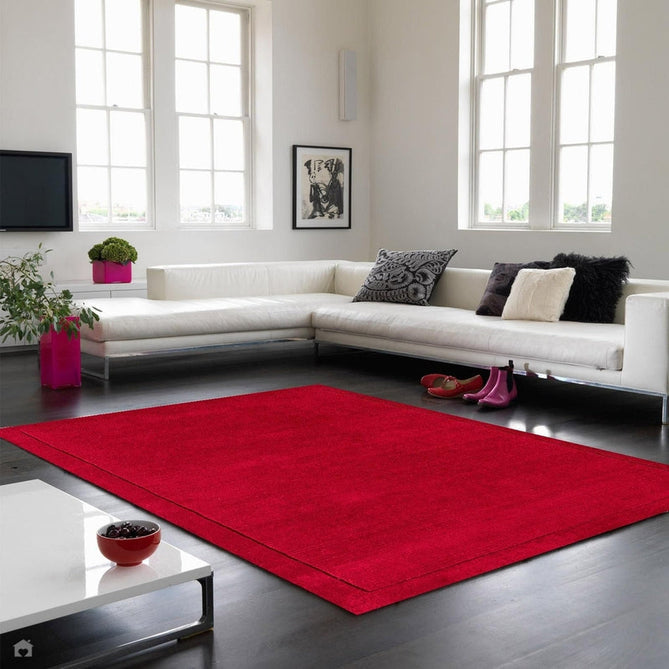 York Modern Plain Textured Subtle Ribbed Stripe Contrasting Smooth Border Handwoven Wool Loop Pile Poppy Red Rug-Asiatic Carpets-Rug Love - The Most Loved Rug Store