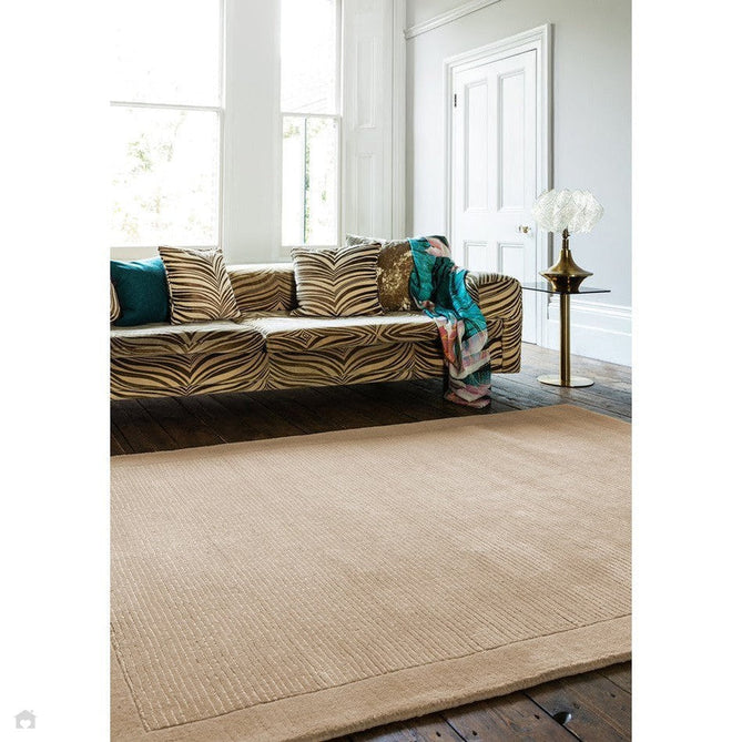 York Modern Plain Textured Subtle Ribbed Stripe Contrasting Smooth Border Handwoven Wool Loop Pile Warm Beige Rug-Asiatic Carpets-Rug Love - The Most Loved Rug Store