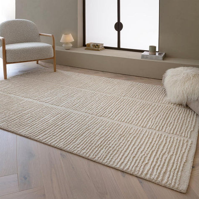 Zennith Modern Plain Subtle Vertical Linear Column Hand-Woven Hi-Lo Textured Boucle Low Profile Wool Loop Pile Cream Rug