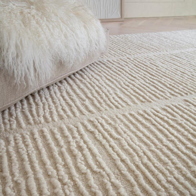 Zennith Modern Plain Subtle Vertical Linear Column Hand-Woven Hi-Lo Textured Boucle Low Profile Wool Loop Pile Cream Rug