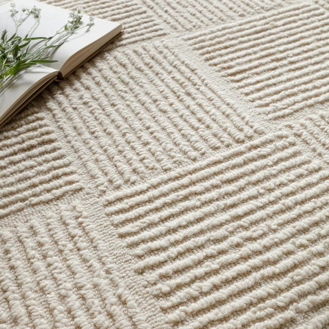 Zennith Modern Plain Subtle Geometric Grid Hand-Woven Hi-Lo Textured Boucle Low Profile Wool Loop Pile Cream Rug